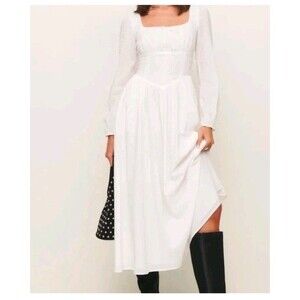 Reformation Biship White Linen Sundress Midi Dress in ivory/white Size 4